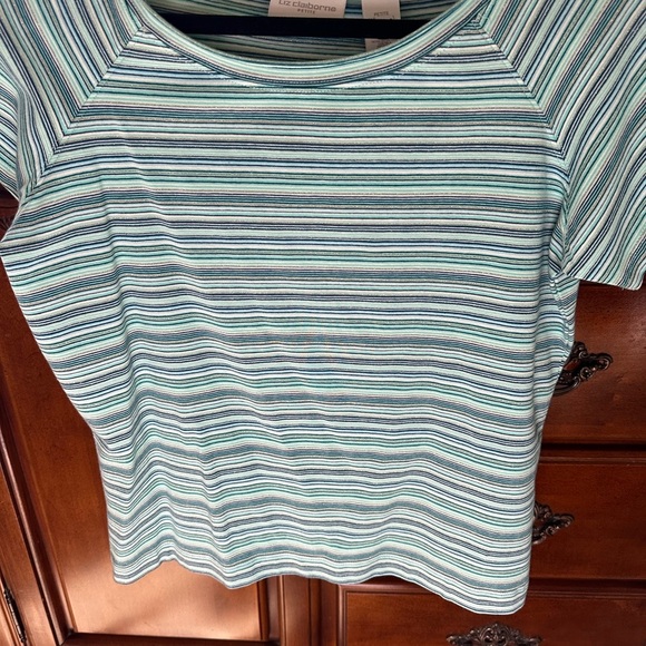 Liz Claiborne Petite Striped Blue and Green Women's Top - Picture 2 of 8